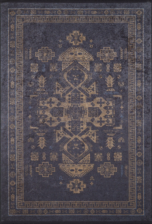 Load image 1 in gallery view. The Ancient Legacy - Washable Rug - JR1890 (Custom Size) features dark blue tones with gold geometric and floral motifs, a central medallion, and a decorative border. Its flat weave construction combines traditional elegance with easy care.
