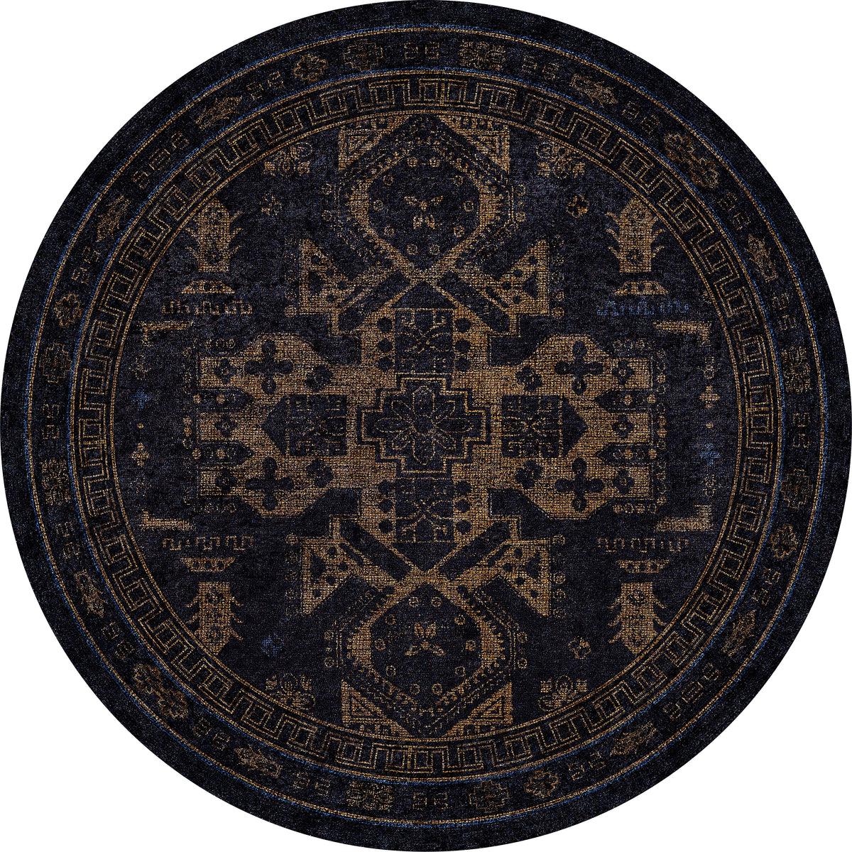 The Ancient Legacy - Washable Rug - JR1890 (Custom Size) is a round, flat-weave black rug featuring an intricate black and gold geometric and floral pattern with a central medallion and decorative borders.