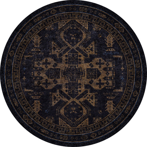 Load image 1 in gallery view. The Ancient Legacy - Washable Rug - JR1890 (Custom Size) is a round, flat-weave black rug featuring an intricate black and gold geometric and floral pattern with a central medallion and decorative borders.