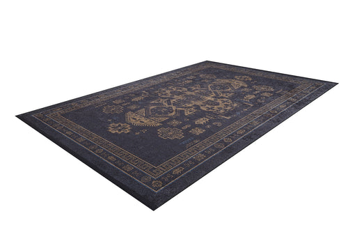 Load image 1 in gallery view. The Ancient Legacy - Washable Rug - JR1890 (Custom Size) is a rectangular dark blue flat weave rug with gold geometric and floral patterns, a detailed border, and symmetrical central design, displayed angled on a white background.