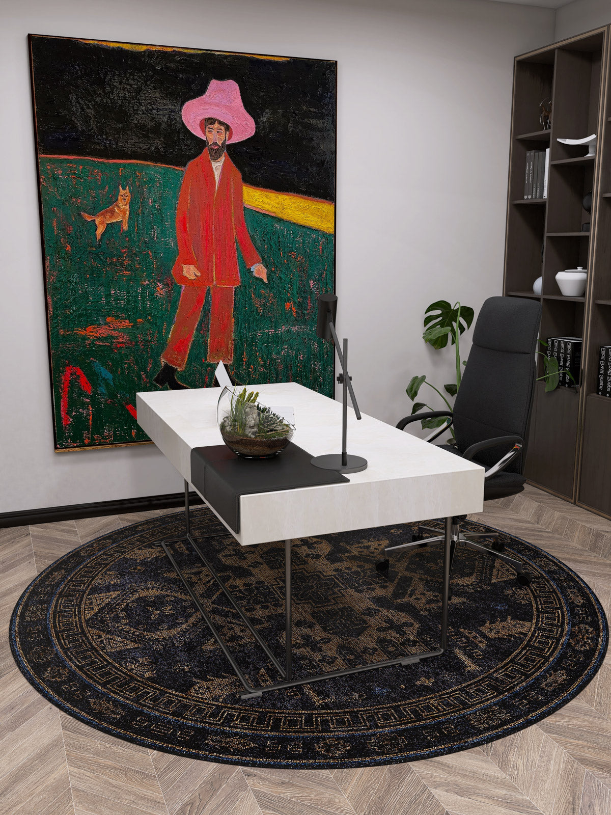 A modern office features a white desk, black chair, bookshelf, potted plant, and the Ancient Legacy - Washable Rug - JR1890 (Custom Size), with a colorful painting of a man in a pink hat and red suit with his dog behind the desk.