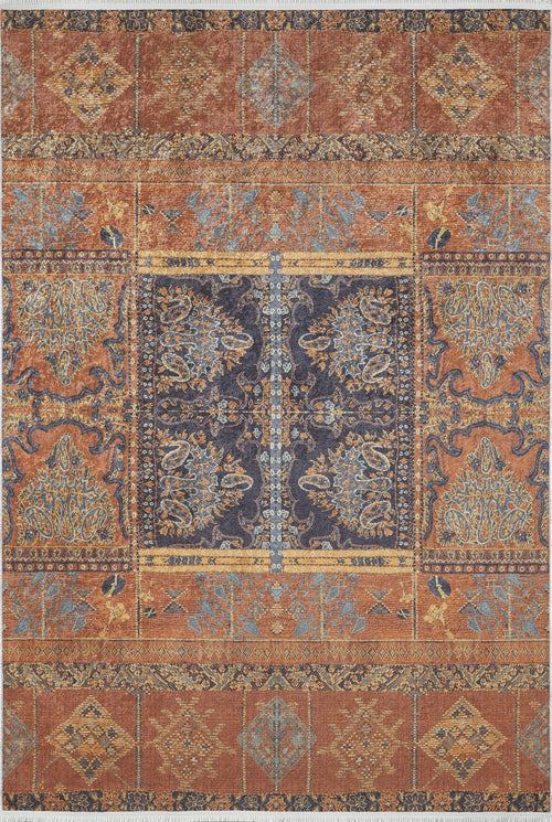 Load image 1 in gallery view. The Ancient Palace - Washable Rug - JR1864 (Custom Size) features an intricate central navy medallion on a richly patterned orange background, ornate gold and blue motifs, and a rust-orange border with geometric and floral designs—perfect for high-traffic areas.