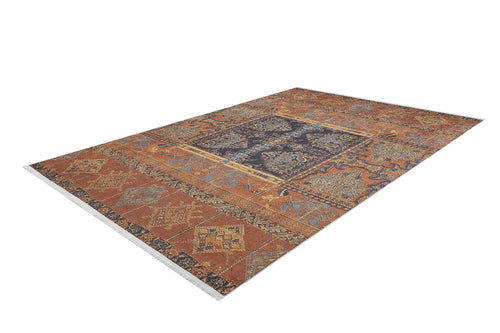 Load image 1 in gallery view. The Ancient Palace - Washable Rug - JR1864 (Custom Size) features a rectangular oriental design with a navy blue center, intricate orange, gold, and light blue patterns, and short white fringe—ideal for high-traffic areas.