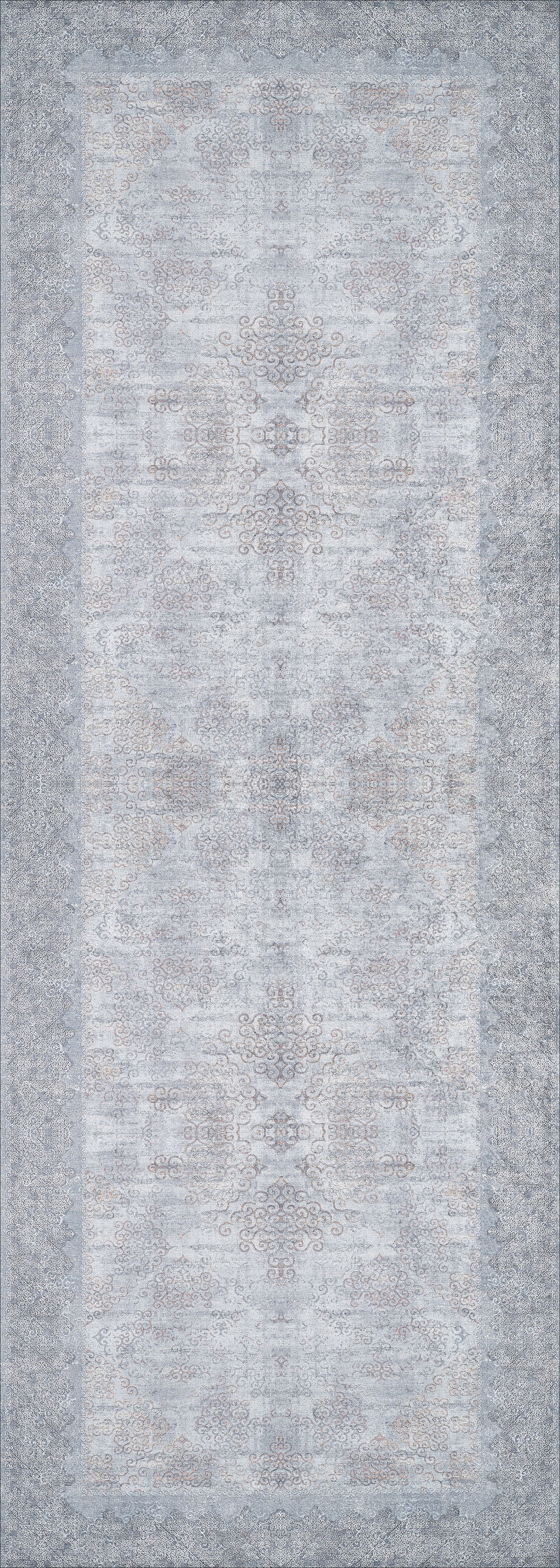 The Ancient Treasure - Washable Rug - JR1785 features a faded, intricate pattern in light gray, blue, and beige with a symmetrical design and ornate dark border—washable and perfect for high-traffic areas.