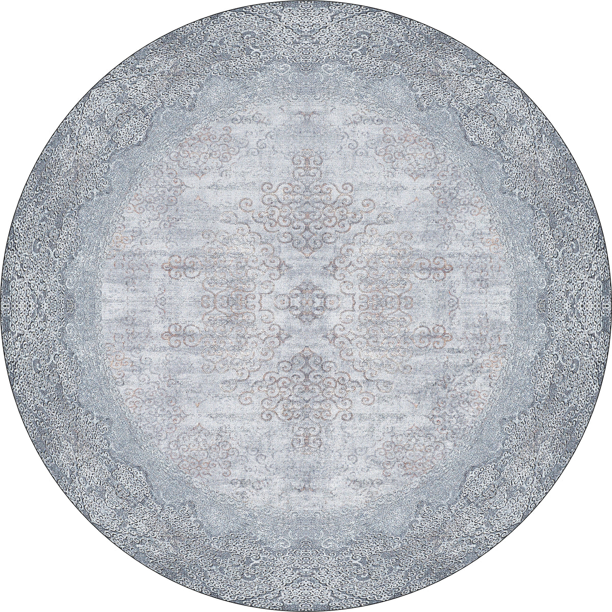 The Ancient Treasure - Washable Rug - JR1785 is an oval blue rug with ornate gray and blue patterns, intricate swirls, floral motifs, and a decorative border—perfect for high-traffic areas.