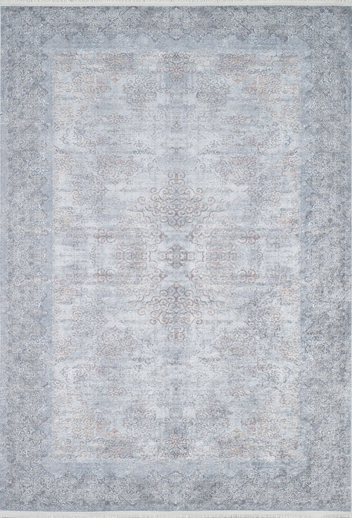 Load image 1 in gallery view. The Ancient Treasure - Washable Rug - JR1785 (Custom Size) features a faded blue and grey vintage pattern with a central medallion, combining intricate style and practicality—ideal for high-traffic areas.