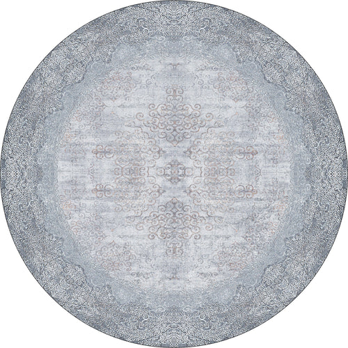 Load image 1 in gallery view. The Ancient Treasure - Washable Rug - JR1785 (Custom Size) is an oval rug with intricate floral and scrollwork patterns in soft gray and white, a detailed border, and vintage elegance—perfect for high-traffic spaces.