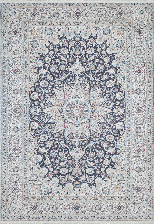 Load image 1 in gallery view. The Antique Enchantment - Washable Rug - JR1686 (Custom Size) features an intricate central star medallion in dark blue, surrounded by detailed blue, gray, and beige floral and vine patterns on a light background with matching ornate borders.