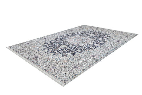 Load image 1 in gallery view. The Antique Enchantment - Washable Rug - JR1686 (Custom Size) is a rectangular Persian-style flat weave with an intricate floral pattern, featuring a dark blue central medallion and light cream, blue, and beige border. Shown on a white background.