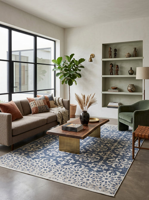 Load image 1 in gallery view. A modern living room featuring a beige sofa, green armchair, wooden coffee table, decorative vases, built-in shelves with decor, potted plant, large black-framed windows, and the Antique Flourish - Washable Rug - JR1591 ideal for high-traffic areas.