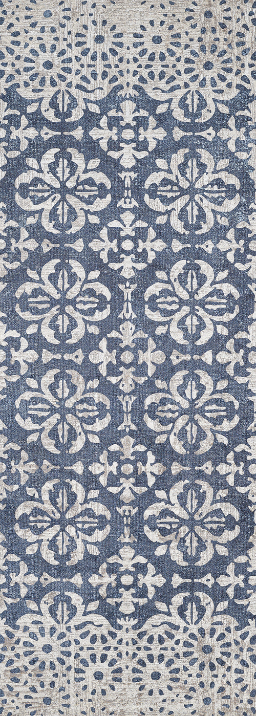 Load image 1 in gallery view. The Antique Flourish - Washable Rug - JR1591 features a blue base with an ornate white floral pattern, distressed details for a vintage look, and durable washable construction—ideal for high-traffic areas.