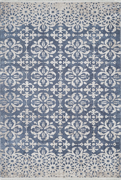 Load image 1 in gallery view. The Antique Flourish - Washable Rug - JR1591 (Custom Size) is a rectangular blue rug with intricate blue and white floral and geometric patterns, symmetrical designs, and decorative borders—ideal for high-traffic areas.