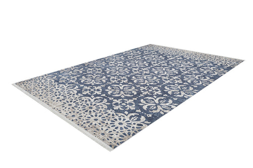 Load image 1 in gallery view. The Antique Flourish - Washable Rug - JR1591 (Custom Size) is a rectangular blue and white rug with intricate floral and geometric patterns, detailed borders, and fringed edges—ideal for high-traffic areas.