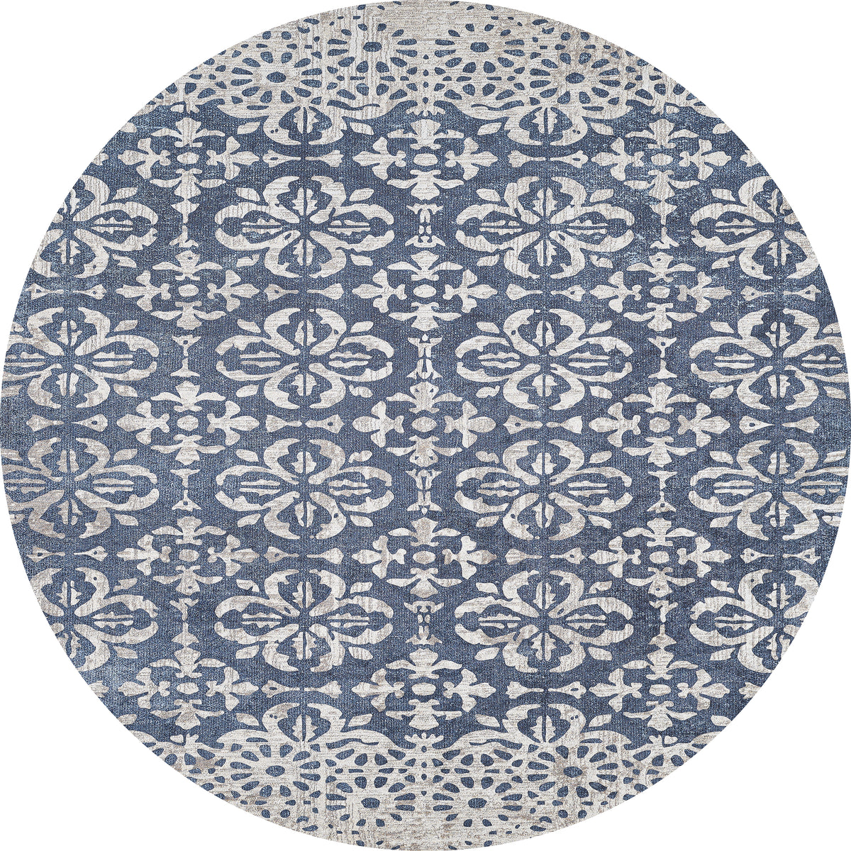 The Antique Flourish - Washable Rug - JR1591 (Custom Size) features an intricate blue and white floral and geometric pattern with symmetrical, slightly distressed designs—ideal for high-traffic areas.