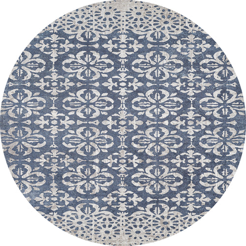 Load image 1 in gallery view. The Antique Flourish - Washable Rug - JR1591 (Custom Size) features an intricate blue and white floral and geometric pattern with symmetrical, slightly distressed designs—ideal for high-traffic areas.