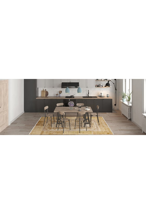 Load image 1 in gallery view. Modern kitchen with dark cabinets, light countertop, and open shelves. A wooden dining table for six rests on the Antique Insignia - Washable Rug - JR309 (Custom Size)—ideal for high-traffic areas. Pendant lights and large windows brighten the space.
