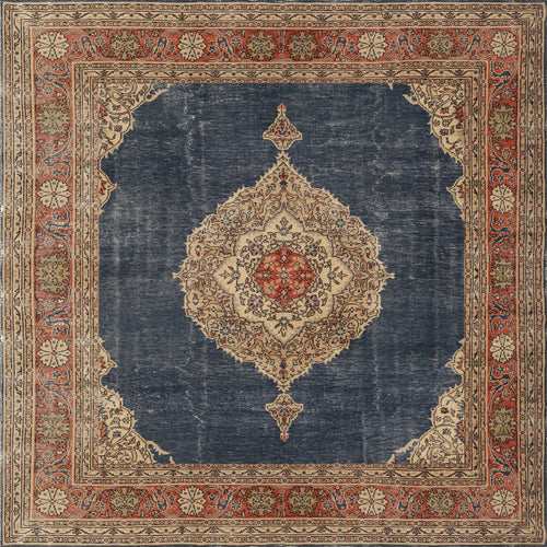 Load image 1 in gallery view. The Antique Symphony - Washable Rug (JRN1017) features a square shape, navy blue field, cream and red medallion, intricate florals, and a wide red-beige border—ideal for adding elegance to traditional spaces.