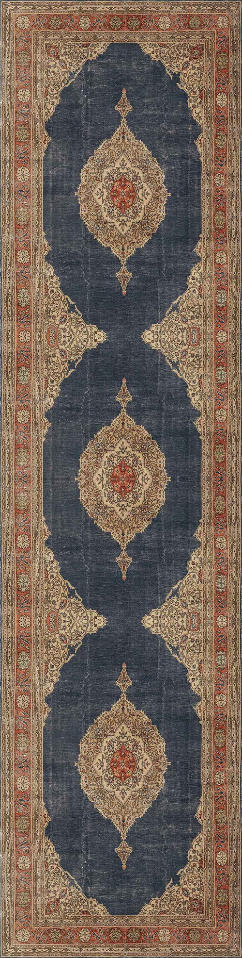 Load image 1 in gallery view. The Antique Symphony - Washable Rug (JRN1017) is an ornate rectangular Persian rug with a dark blue backdrop and three large vertical medallions. Detailed beige and red floral-geometric borders make it perfect for traditional interiors.