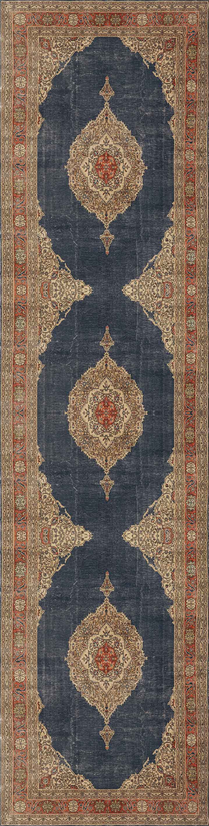 The Antique Symphony - Washable Rug - JRN1017 (Custom Size) features a rectangular navy blue background with three ornate beige and red medallions, framed by an intricate floral border in rich red, beige, and blue tones.