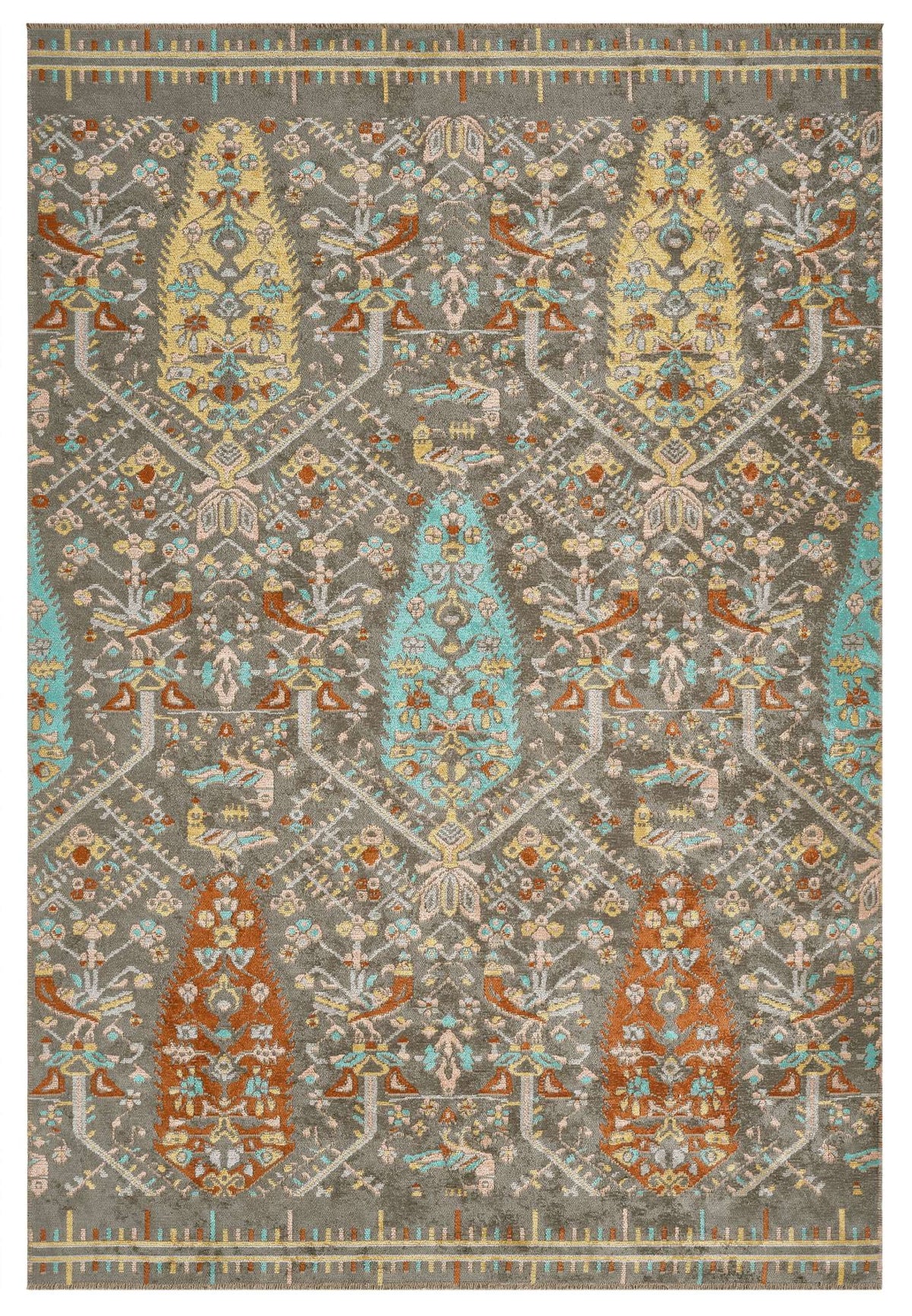 Smoky Ikat area rug with gray field and yellow, turquoise, orange, and pink boteh ikat-inspired motifs