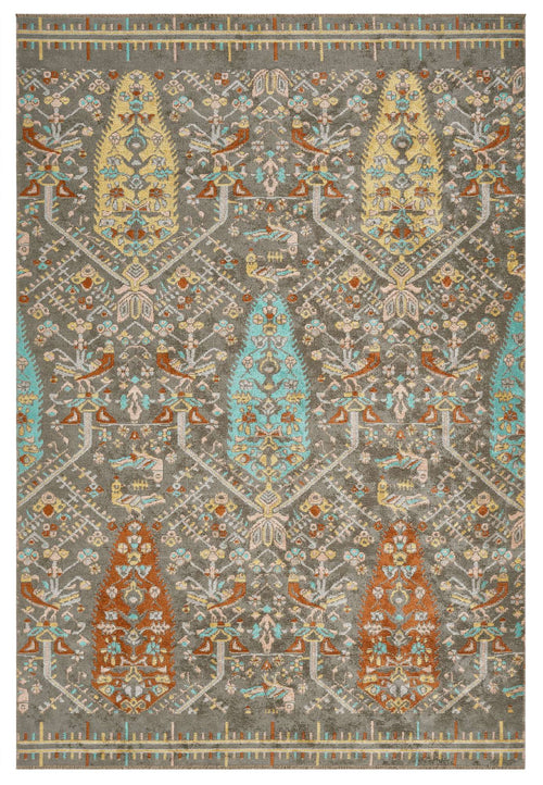 Load image 1 in gallery view. Smoky Ikat area rug with gray field and yellow, turquoise, orange, and pink boteh ikat-inspired motifs