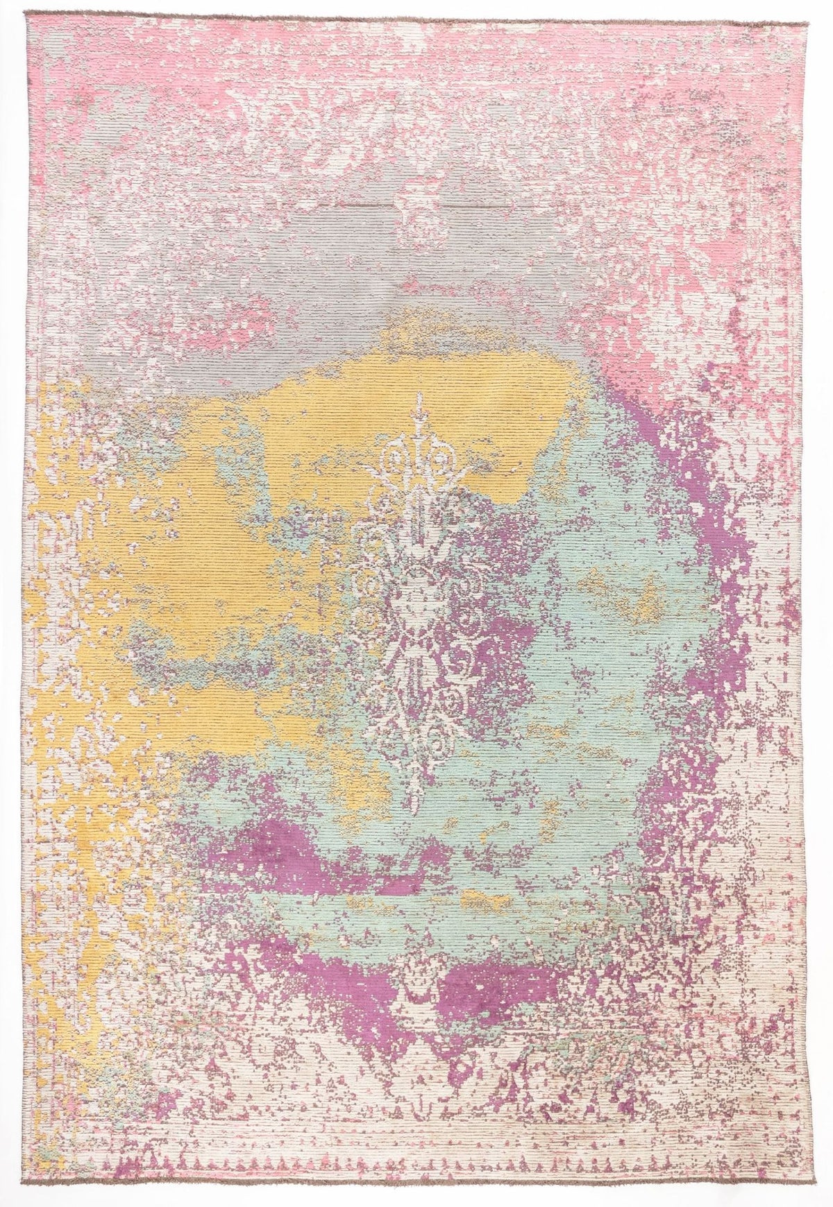 Pastel Mirage area rug with abstract pink, yellow, mint, and purple watercolor pattern in distressed finish