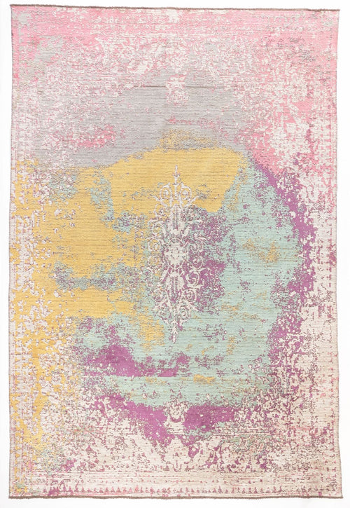 Load image 1 in gallery view. Pastel Mirage area rug with abstract pink, yellow, mint, and purple watercolor pattern in distressed finish
