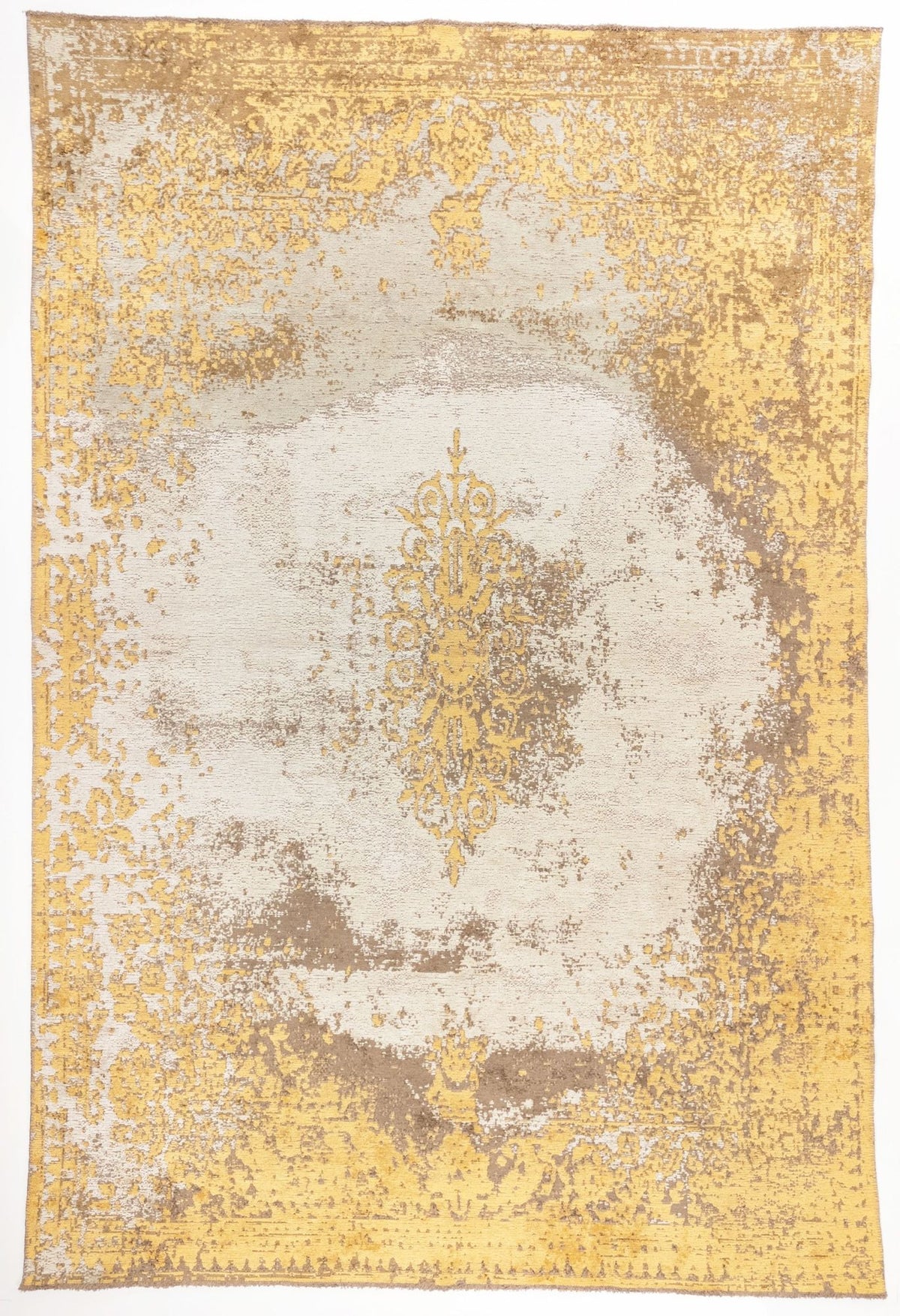 Golden Fade area rug with vintage yellow and cream palette, heavily distressed medallion, warm taupe accents