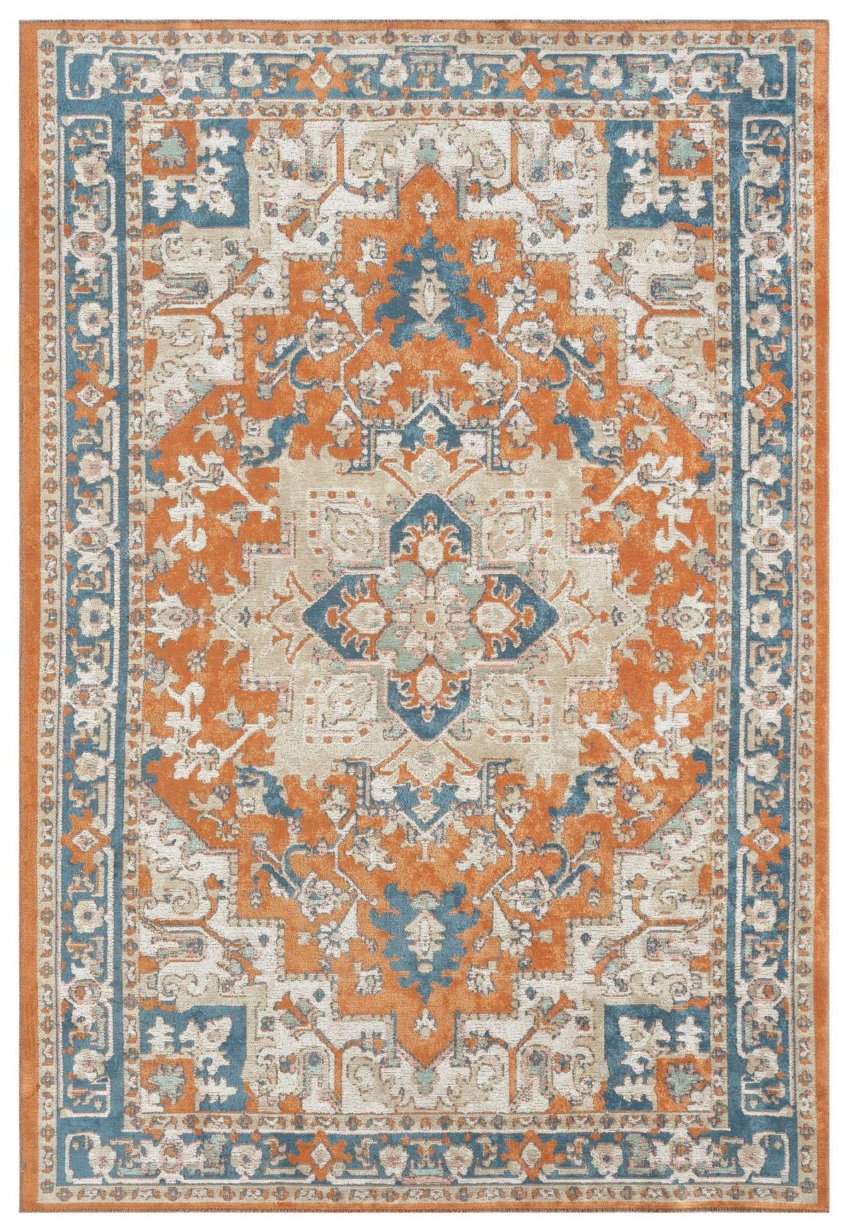 Copper Medallion area rug with rust orange center, navy blue border, and traditional Persian medallion design
