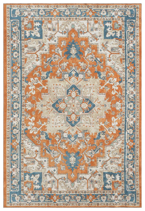 Load image 1 in gallery view. Copper Medallion area rug with rust orange center, navy blue border, and traditional Persian medallion design
