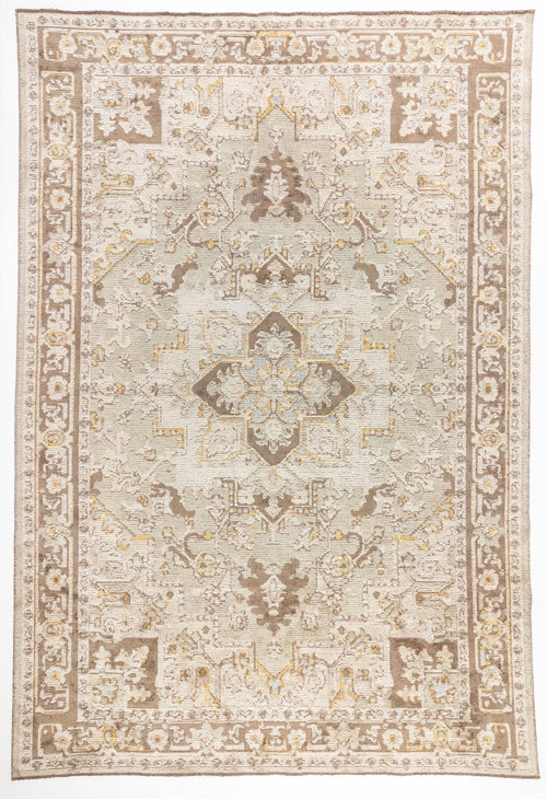 Load image 1 in gallery view. Ivory Medallion area rug with cream field, soft brown medallion, and traditional Oushak-style floral motifs
