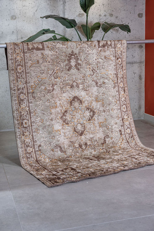 Load image 1 in gallery view. The Ivory Medallion Area Rug APX1932, featuring beige and brown distressed patterns with a medallion motif, is draped over a metal bar. Behind it, a green potted plant sits against concrete and bold red accent walls.