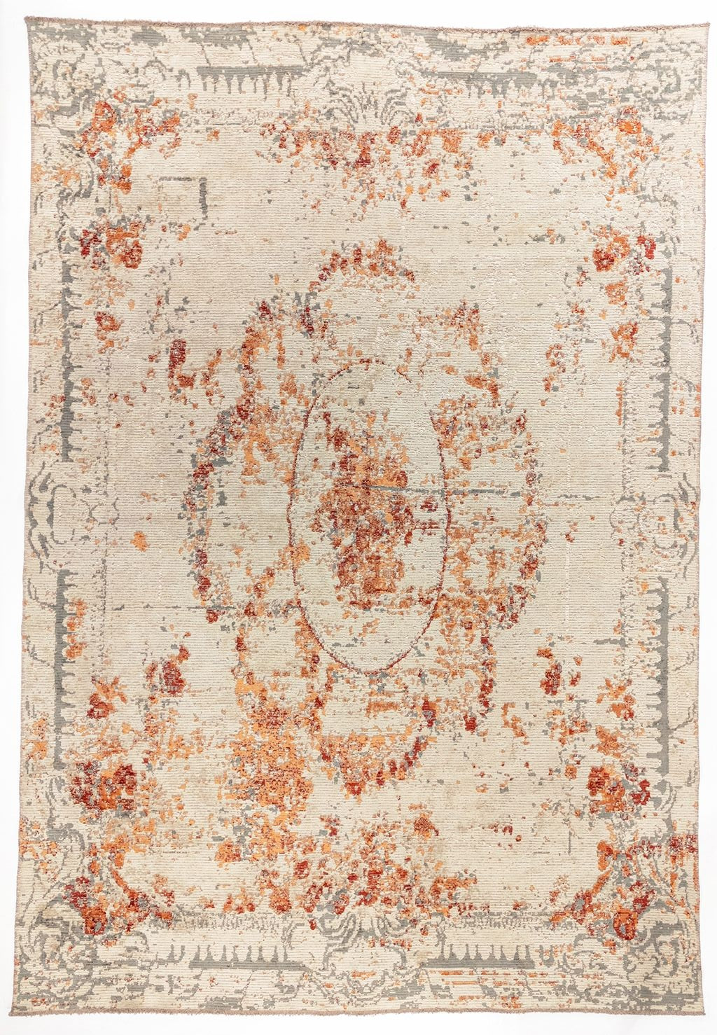 Coral Canvas area rug with ivory ground and abstract coral and gray distressed brushstroke pattern