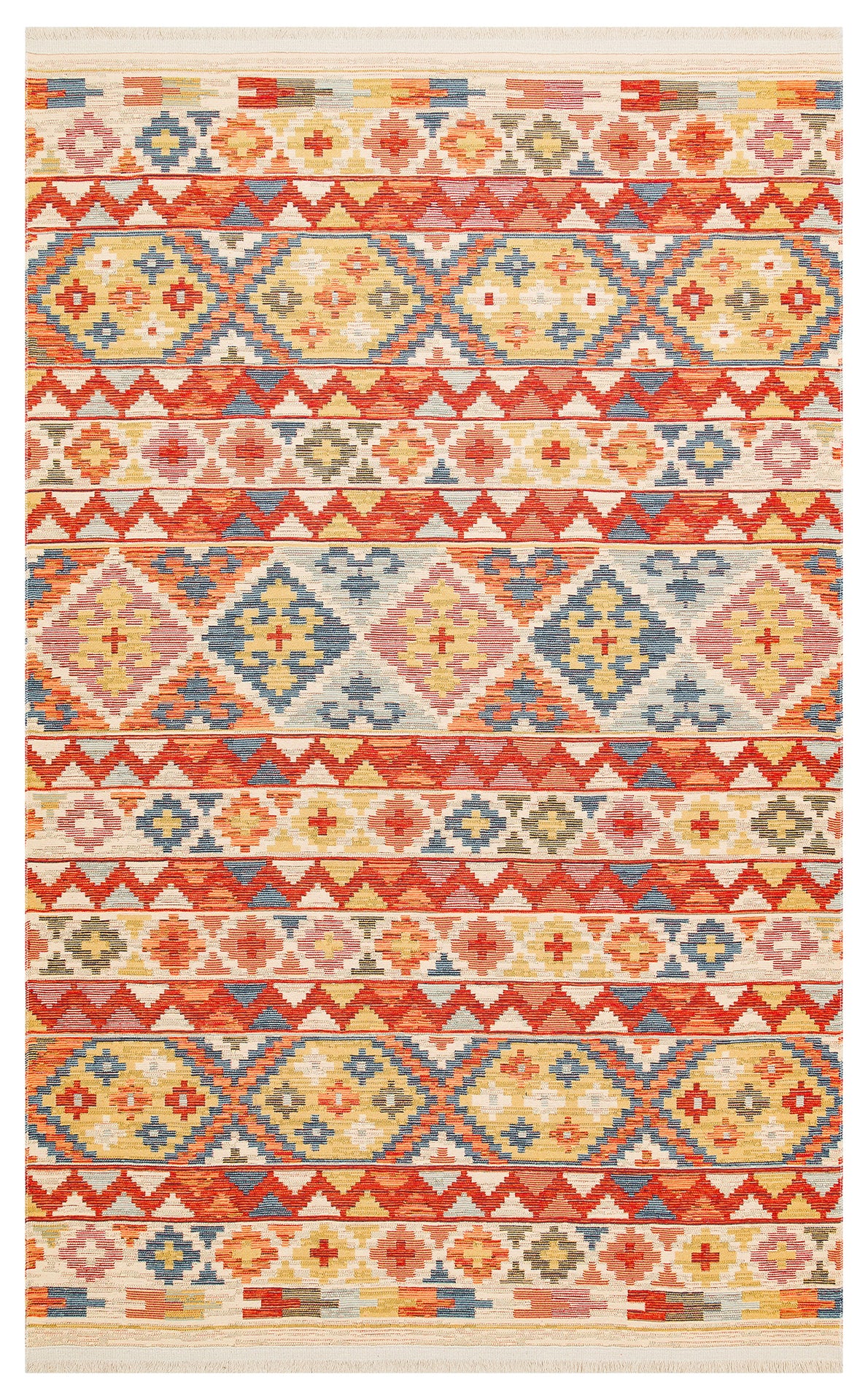 The Aqua Flow - Washable Reversible Kilim - NMD02 is a vibrant geometric area rug with colorful diamond and zigzag patterns in red, orange, yellow, blue, and cream arranged in horizontal rows—perfect for any space.