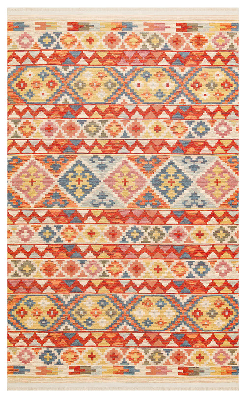 Bild 1 in Galerieansicht laden. The Aqua Flow - Washable Reversible Kilim - NMD02 is a vibrant geometric area rug with colorful diamond and zigzag patterns in red, orange, yellow, blue, and cream arranged in horizontal rows—perfect for any space.