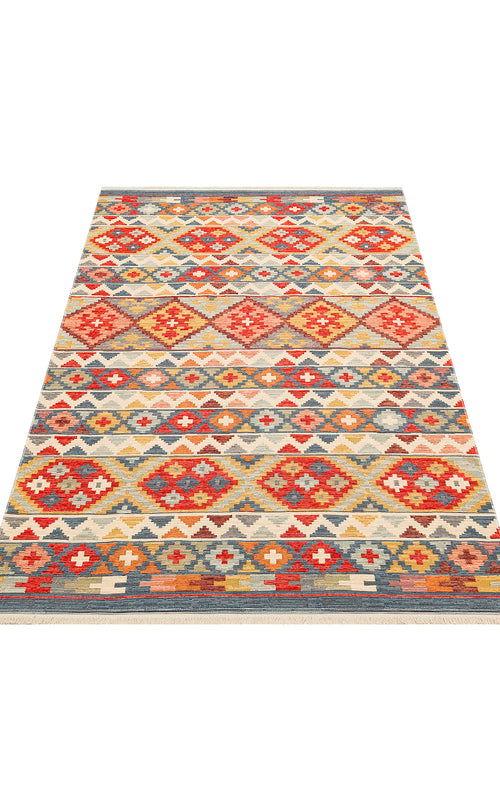 Bild 1 in Galerieansicht laden. The Aqua Flow - Washable Reversible Kilim - NMD02 is a flat, rectangular Southwestern rug with colorful geometric diamonds and triangles in red, orange, blue, yellow, and white. It has short fringes on the ends and is easy to wash.