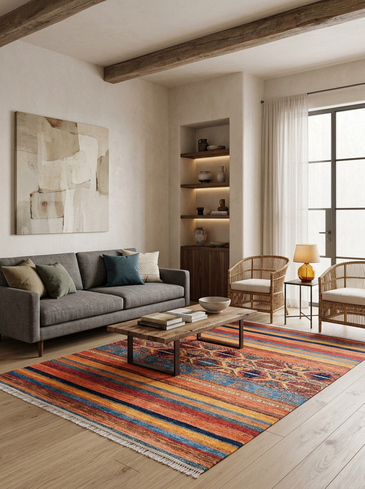 Multi-colored striped rug with a central geometric medallion, styled in a modern living room.