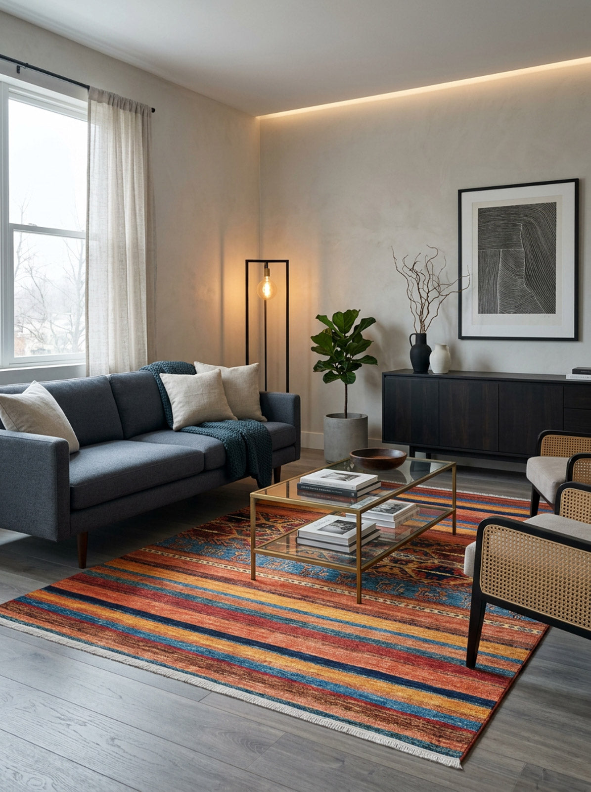 Multi-colored striped rug with traditional medallion accents, styled in a modern living room.