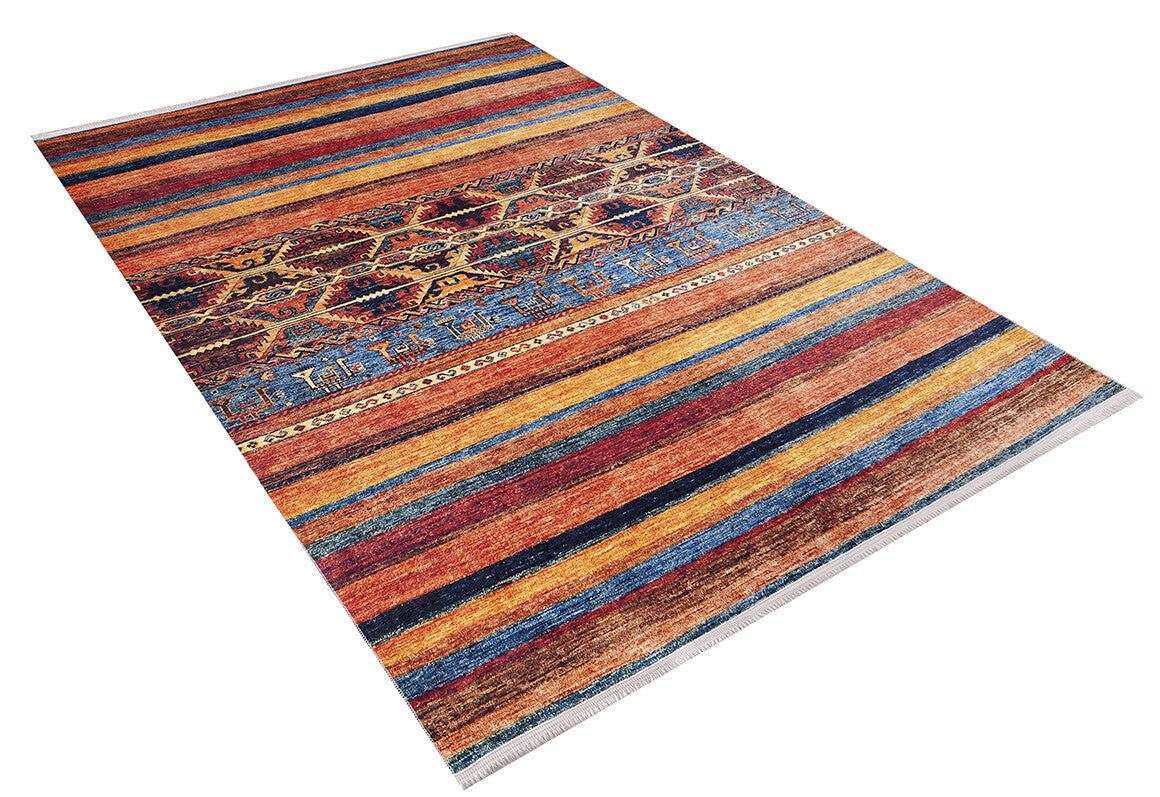 The Arctic Chill - Washable Rug - JR860 (Custom Size) features multicolor horizontal stripes in red, orange, blue, and yellow with an ornate geometric and floral center—ideal for adding style to high-traffic areas.