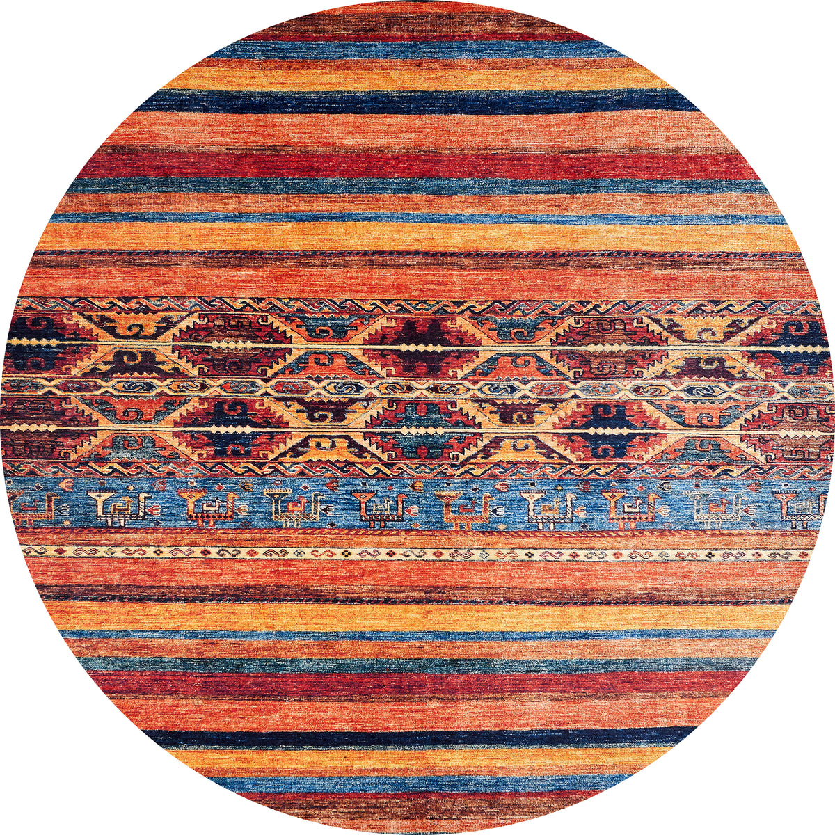 The Arctic Chill - Washable Rug - JR860 (Custom Size) is an oval, multicolor rug with horizontal stripes in red, orange, blue, and yellow. Geometric and animal patterns at the center make it stylish for high-traffic areas.