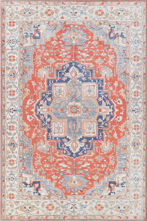 Load image 1 in gallery view. The Ardentis Medallion Washable Rug - LCC3002 features a striking multicolor medallion centerpiece with red, blue, and cream tones in intricate floral and geometric patterns, plus a detailed border for added elegance.