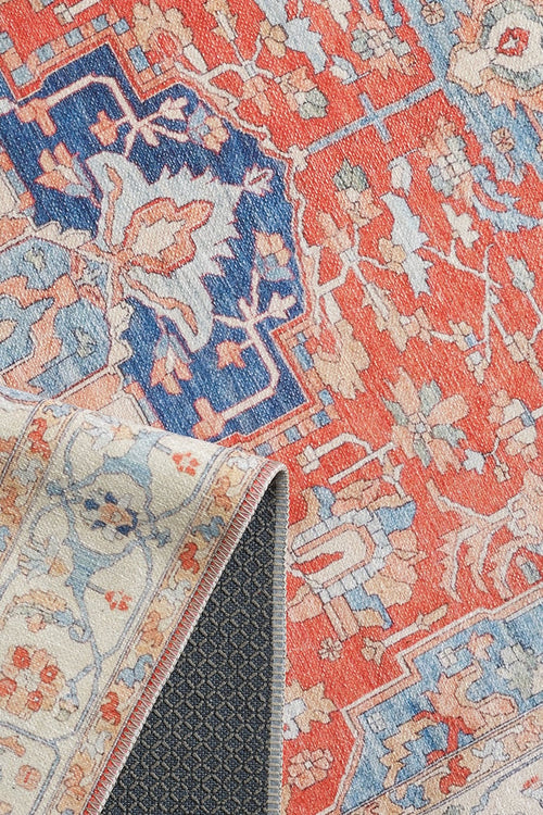 Load image 1 in gallery view. A close-up of the Ardentis Medallion Washable Rug - LCC3002 (Outlet) US shows vibrant red, blue, and beige floral and geometric patterns. A flipped corner reveals the gray non-slip backing and the detailed underside.