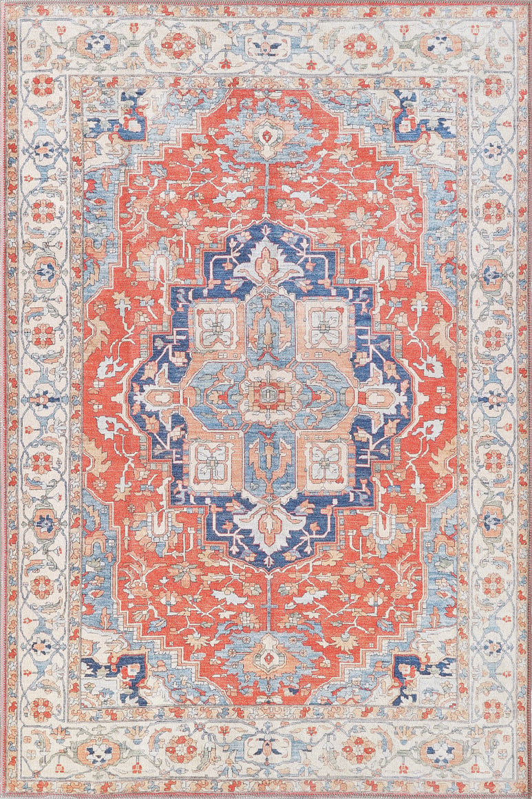The Ardentis Medallion Washable Rug - LCC3002 (Custom Size) features a large red central medallion, intricate floral motifs, and blue, beige, and white accents framed by a detailed patterned border.