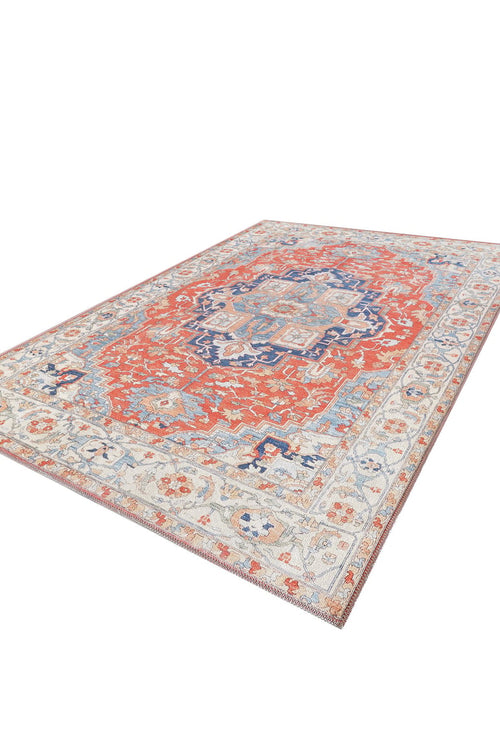 Load image 1 in gallery view. The Ardentis Medallion Washable Rug - LCC3002 (Custom Size) is a rectangular flat weave with an ornate red central pattern, blue and ivory accents, and a detailed floral border, shown on a white background.