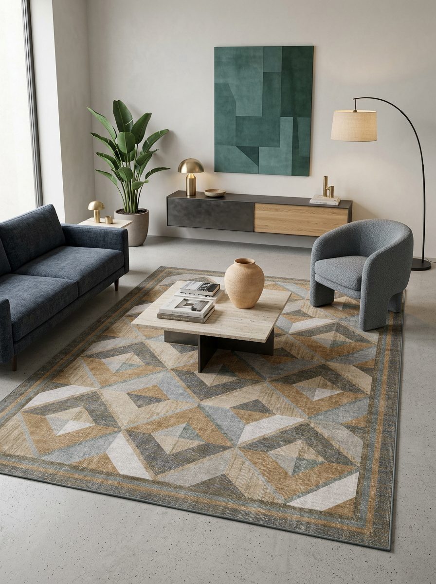 Grey, tan, and cream geometric diamond-patterned rug in a modern living room.