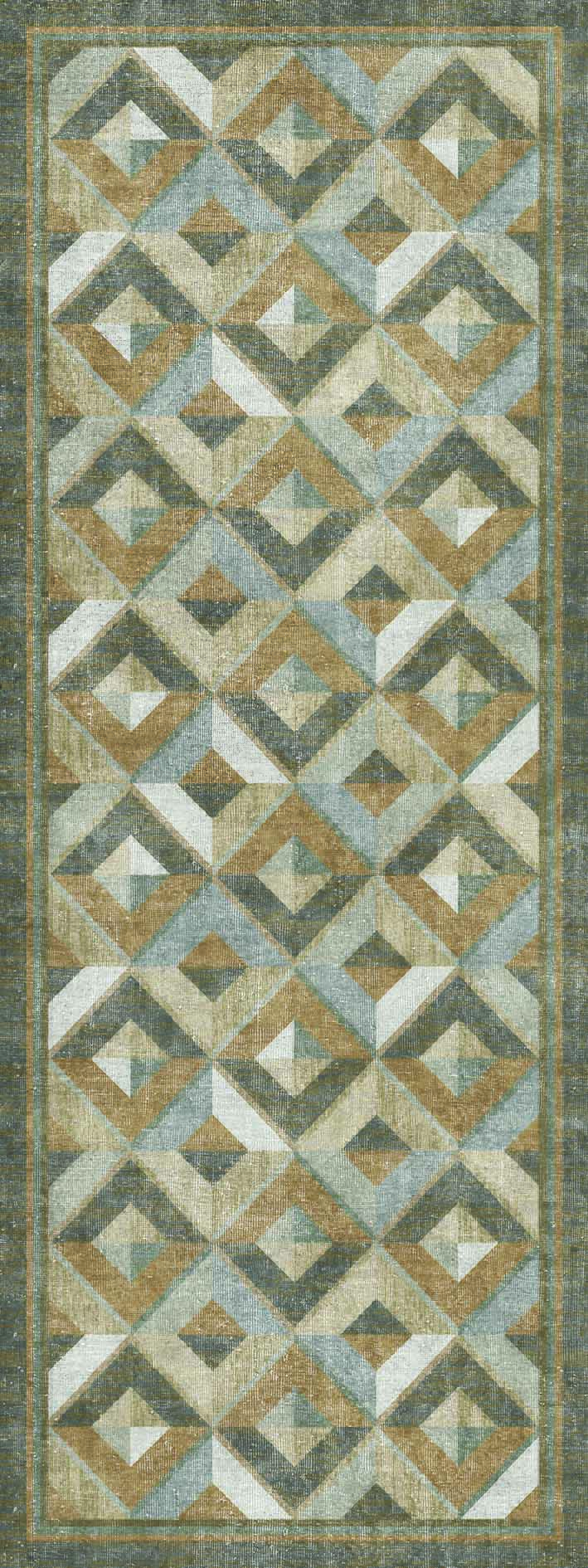 Grey, tan, and cream runner rug featuring a repeating geometric diamond pattern with a distressed, textured finish.