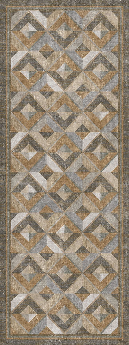 Load image 1 in gallery view. Grey, tan, and cream runner rug featuring a repeating geometric diamond pattern with a distressed, textured finish.