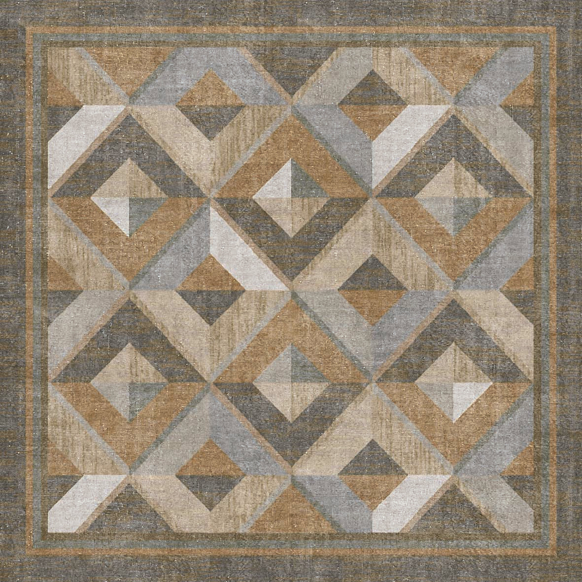 Grey and tan rug with a geometric diamond pattern and a bordered frame.