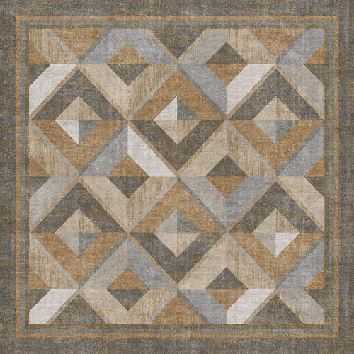 Load image 1 in gallery view. Grey and tan rug with a geometric diamond pattern and a bordered frame.