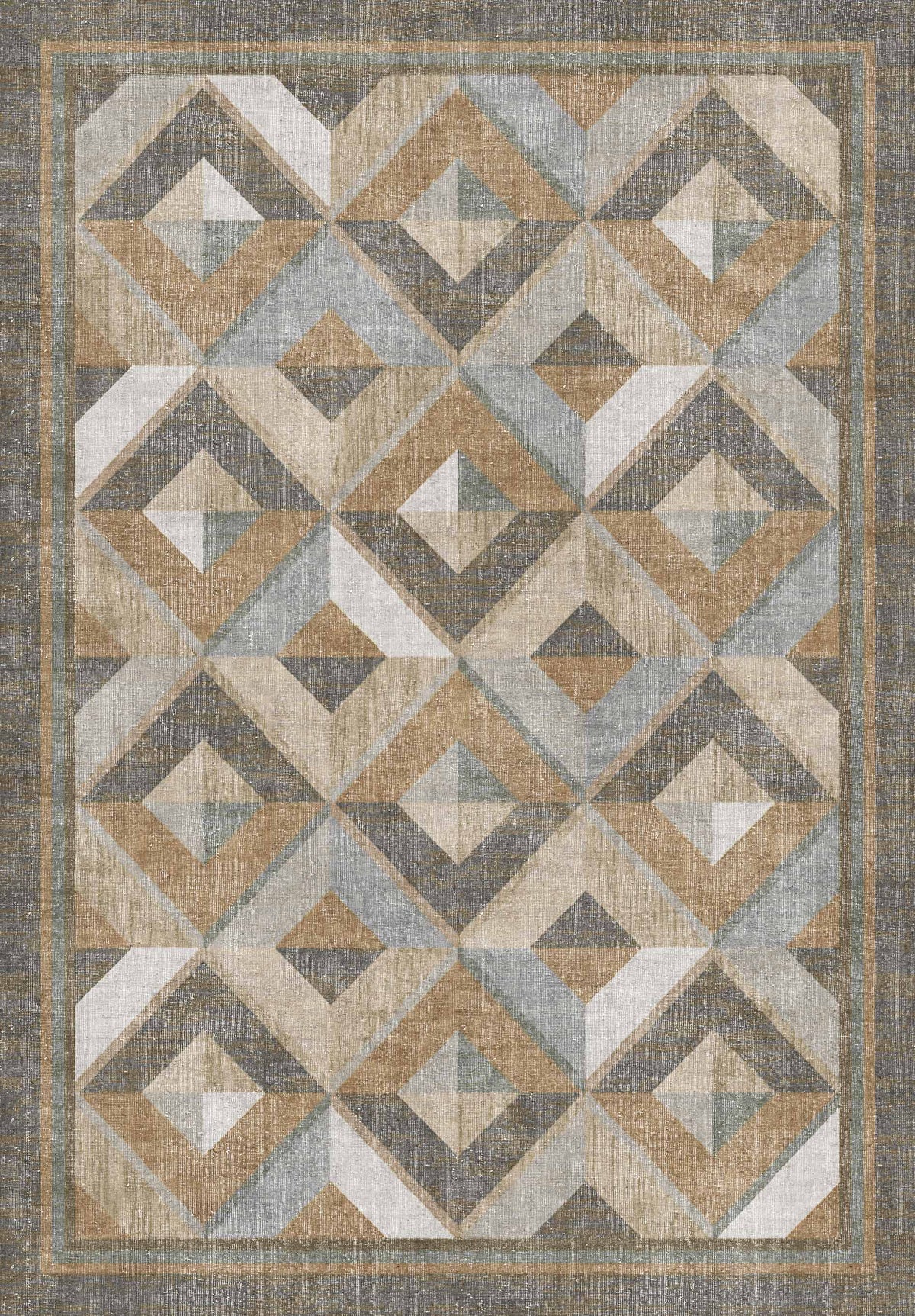 Grey, tan, and cream rug featuring a repeating geometric diamond pattern with a distressed texture and bordered edge.